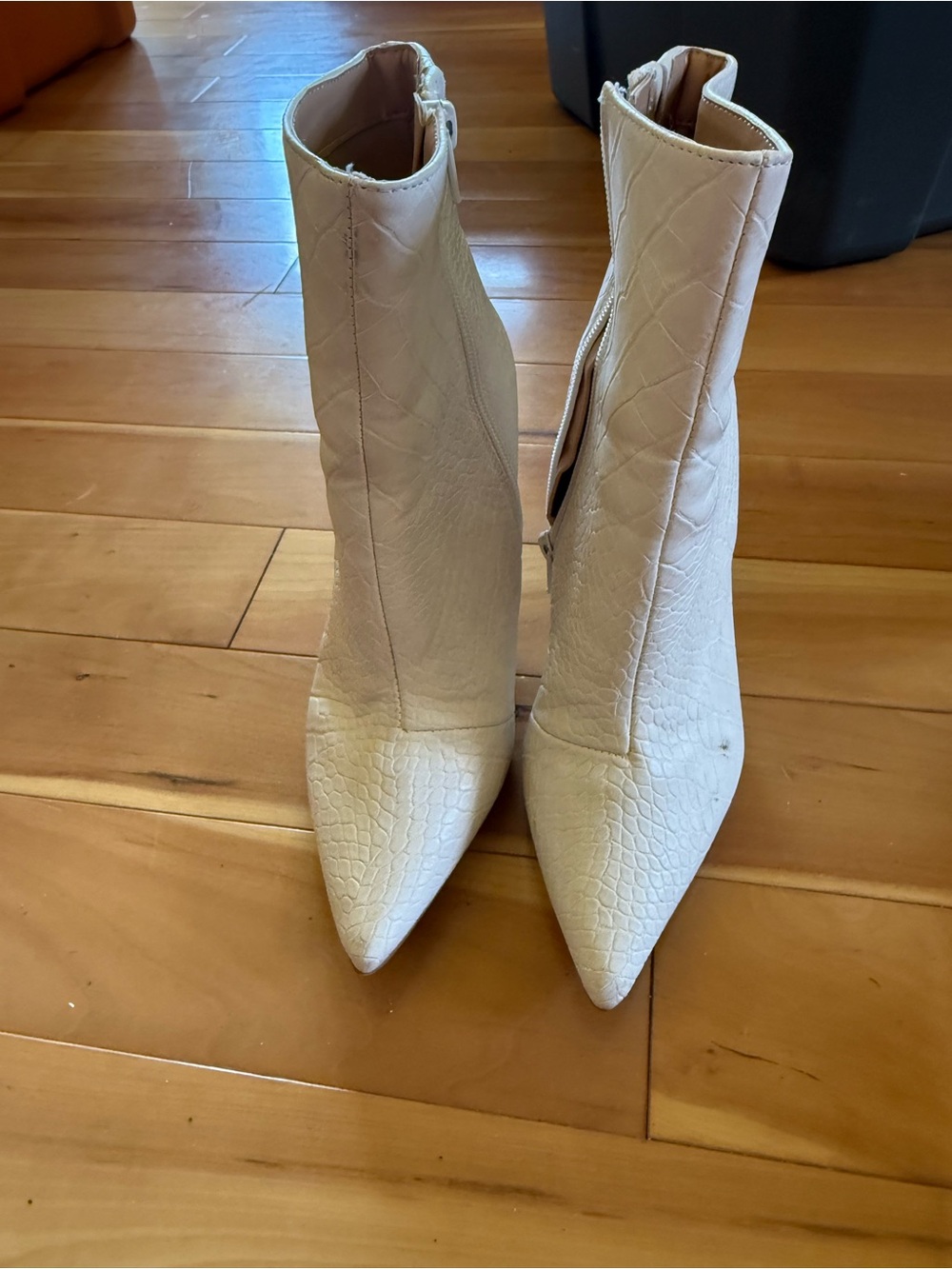 Express Cream Croc-Embossed Pointed Toe Ankle Booties